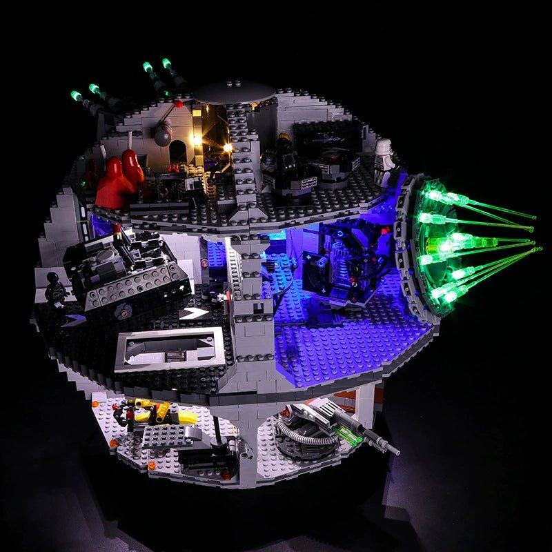 custom LED lighting for LEGO® Star Wars Death Star #75159, fully illuminated on display