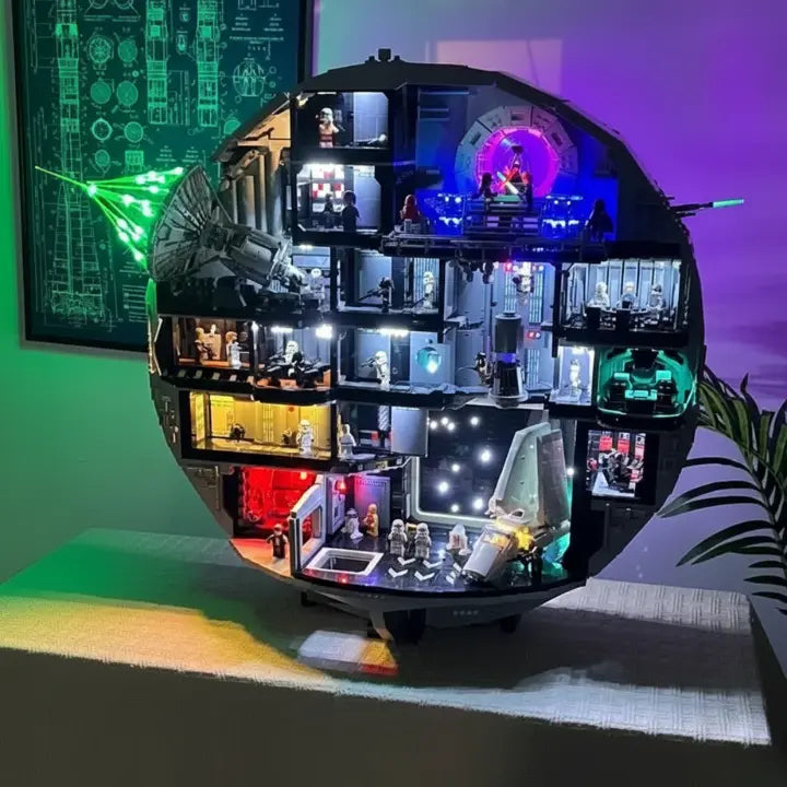 Bright My Bricks DIY LED light kit for LEGO® Star Wars Death Star #75419 — before-and-after lighting