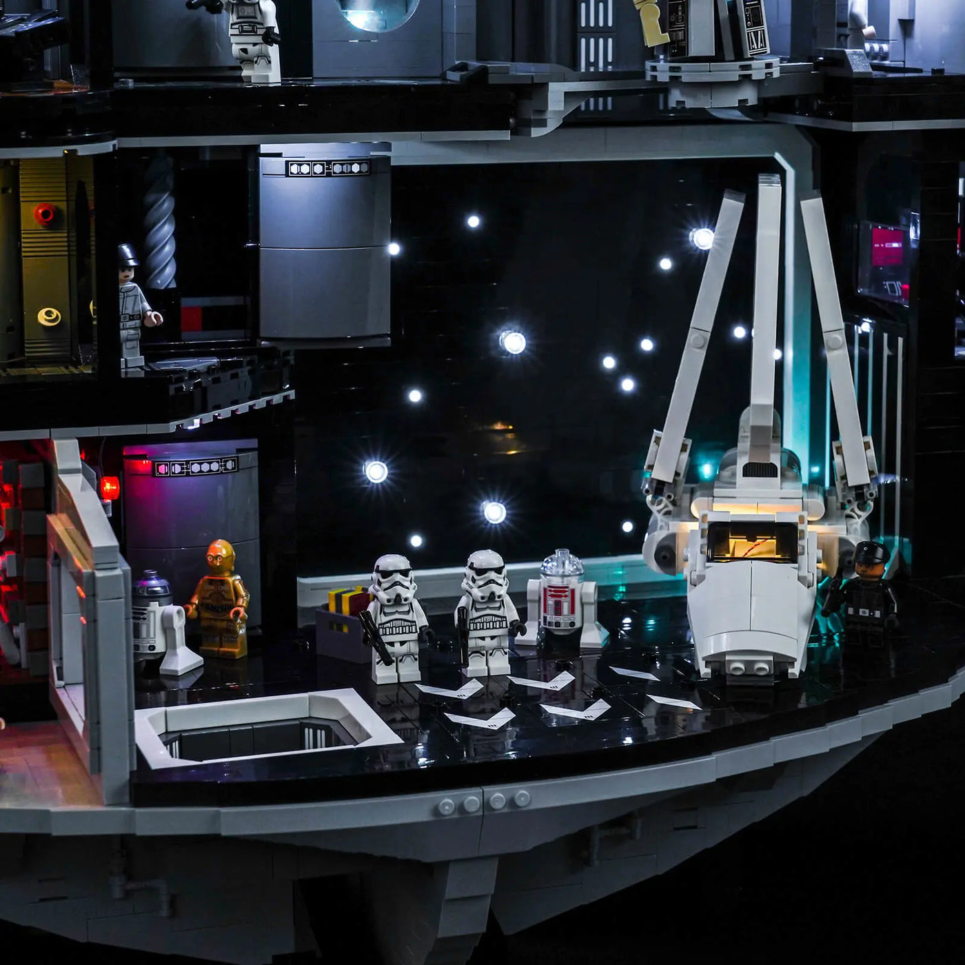 LEGO® Star Wars Death Star #75419 brightened interior detail, with the LED light kit
