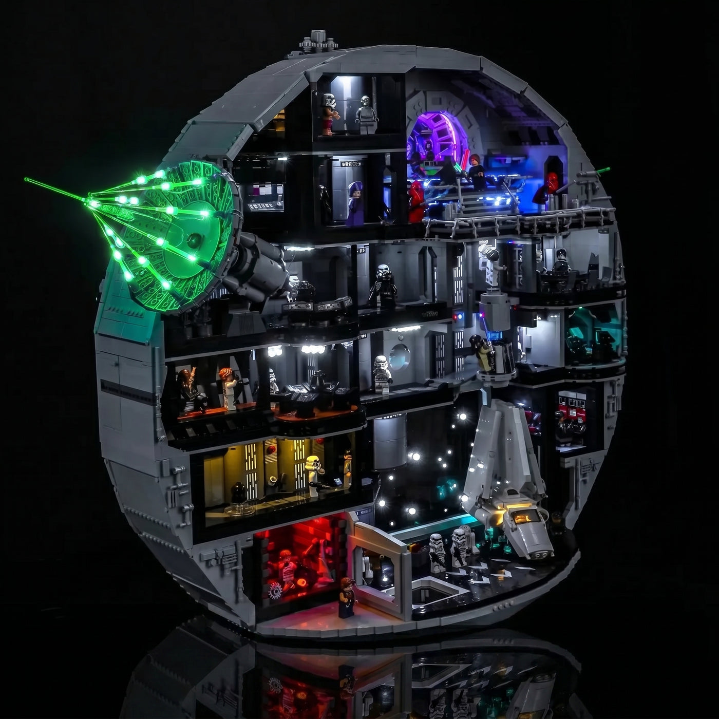 LEGO® Star Wars Death Star #75419 front view fully lit, with the LED lighting kit
