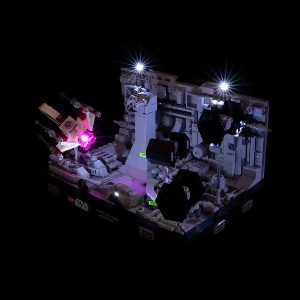 LEGO® Star Wars Death Star Trench Run Diorama #75329 showcase lighting view, with the light kit