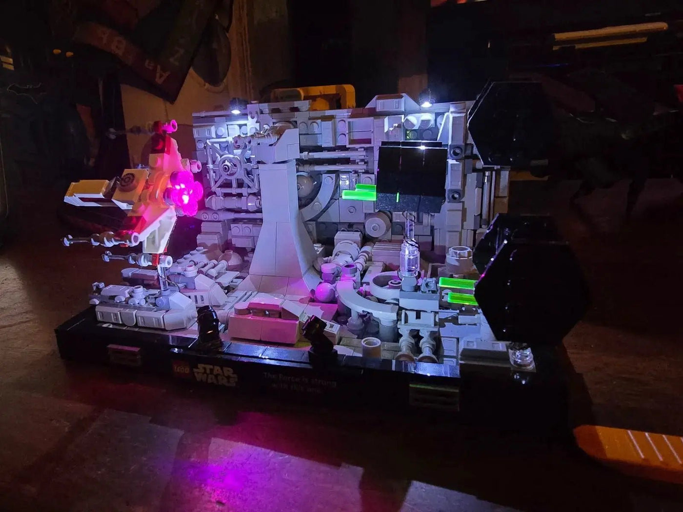 LEGO® Star Wars Death Star Trench Run Diorama #75329 front view fully lit, with the LED lighting kit