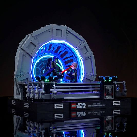 LEGO® Star Wars Emperor's Throne Room Diorama #75352 showcase lighting view, with the custom LED lighting