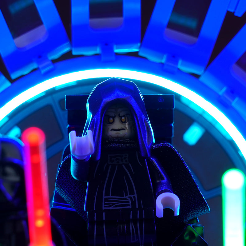 LEGO® Star Wars Emperor's Throne Room Diorama #75352 — side angle with lights on (DIY LED light kit)