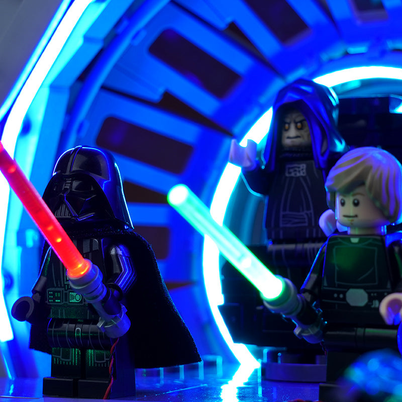 LEGO® Star Wars Emperor's Throne Room Diorama #75352 — installed and glowing (USB-powered LED light kit)