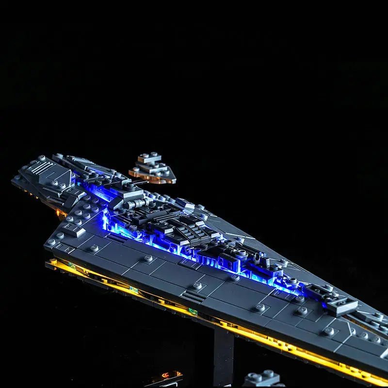LEGO® Star Wars Executor Super Star Destroyer #75356 fully illuminated on display, with the DIY LED light kit