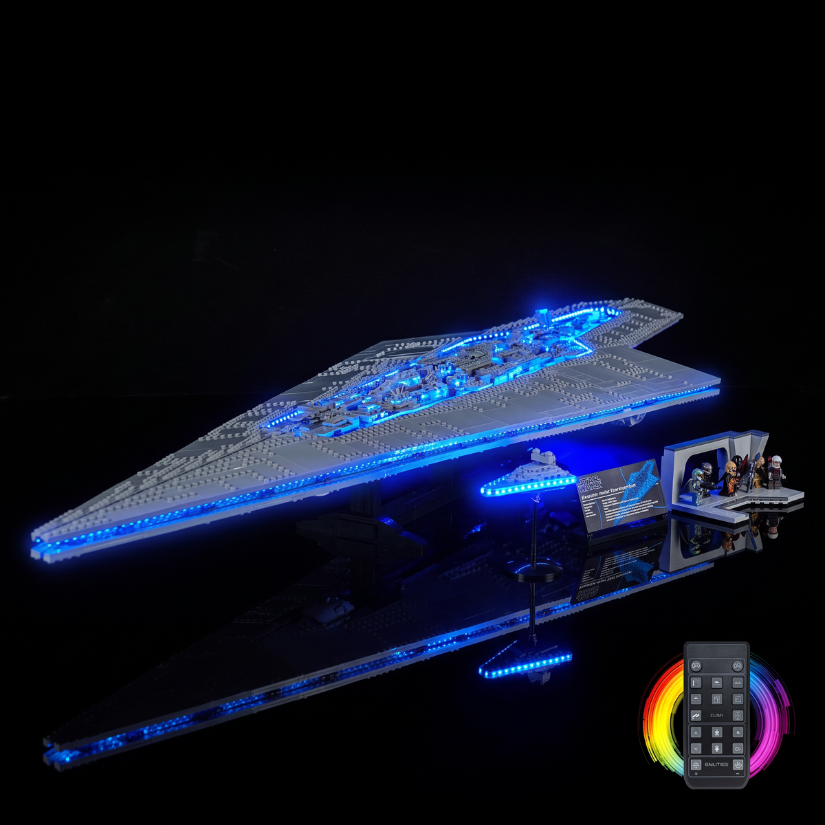 Abgebildete Fernbedienungsoption neben dem beleuchteten LEGO® Star Wars™ Supersternzerstörer Executor #75457