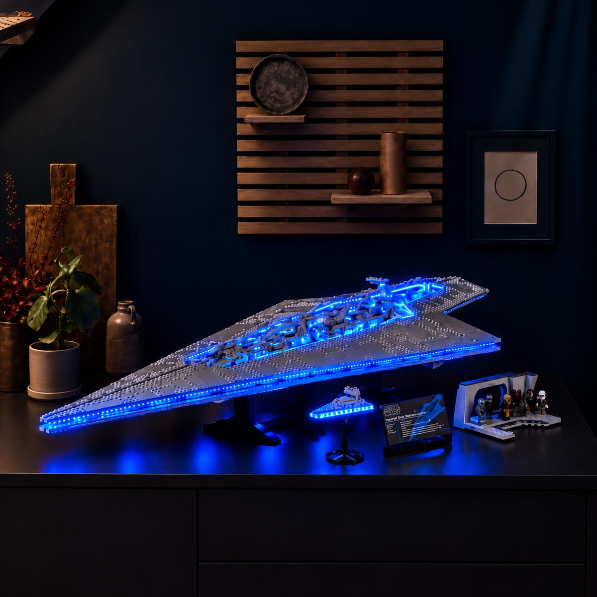 Seitliche Raumpräsentation des beleuchteten LEGO® Star Wars™ Supersternzerstörers Executor #75457