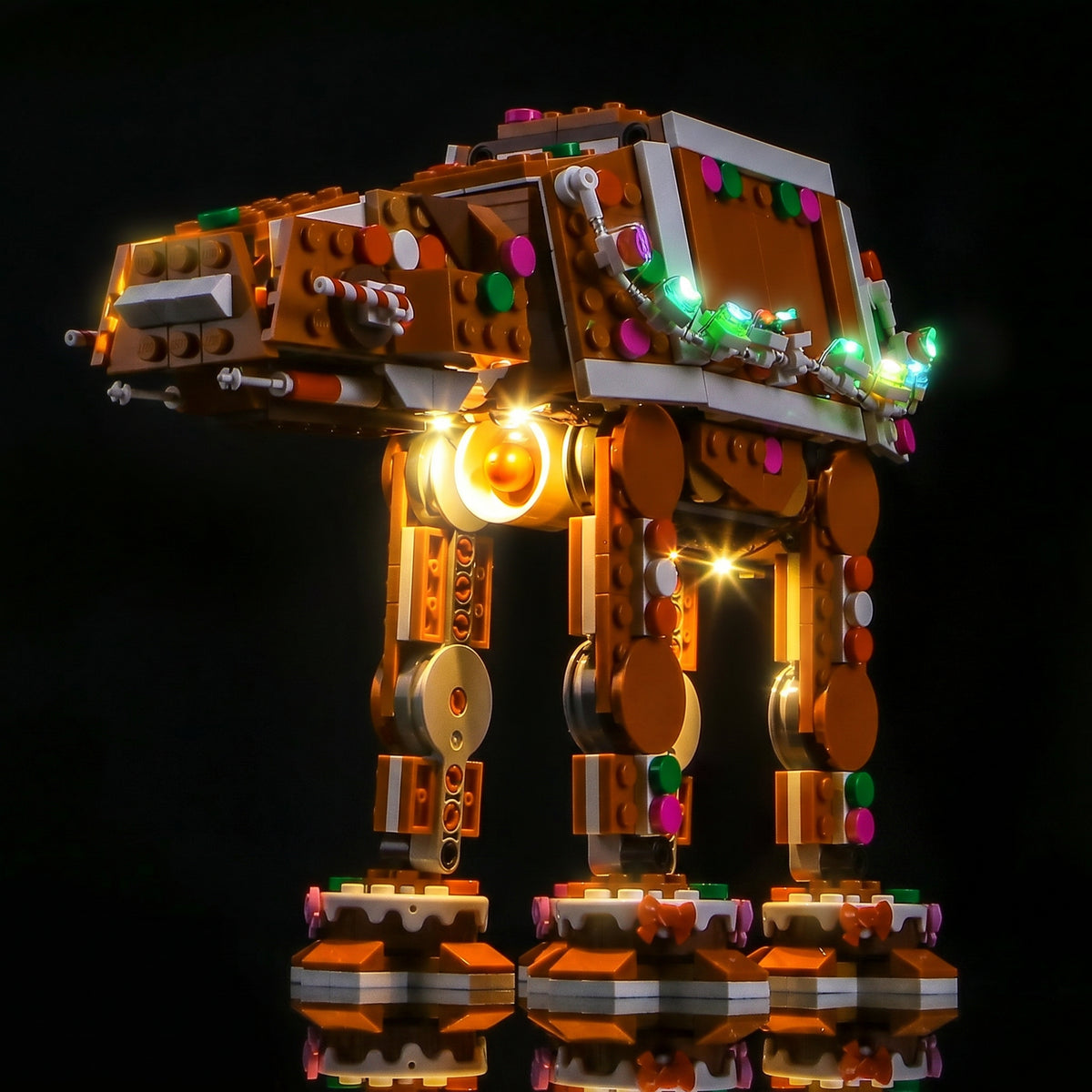 LEGO® Star Wars Gingerbread AT-AT Walker #40806 installed and glowing, with the light kit