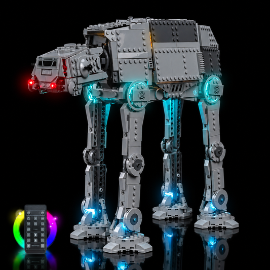 LED light kit installed on LEGO Star Wars Imperial Remnant AT-AT with INT-4 75454, red chin lamps and cyan hip joints, with the RGB remote