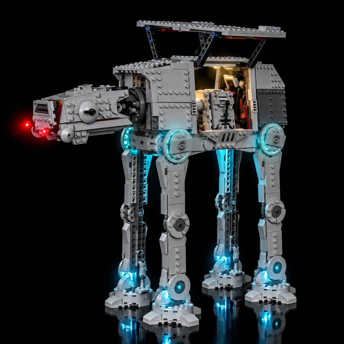 LEGO Imperial Remnant AT-AT 75454 with the roof panels open, troop bay and INT-4 droid lit from inside