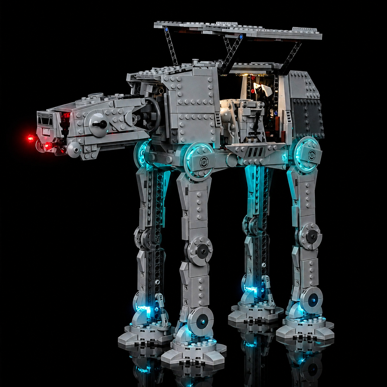 Side view of LEGO Imperial Remnant AT-AT 75454 with the head lit red and the hatch open on the lit interior