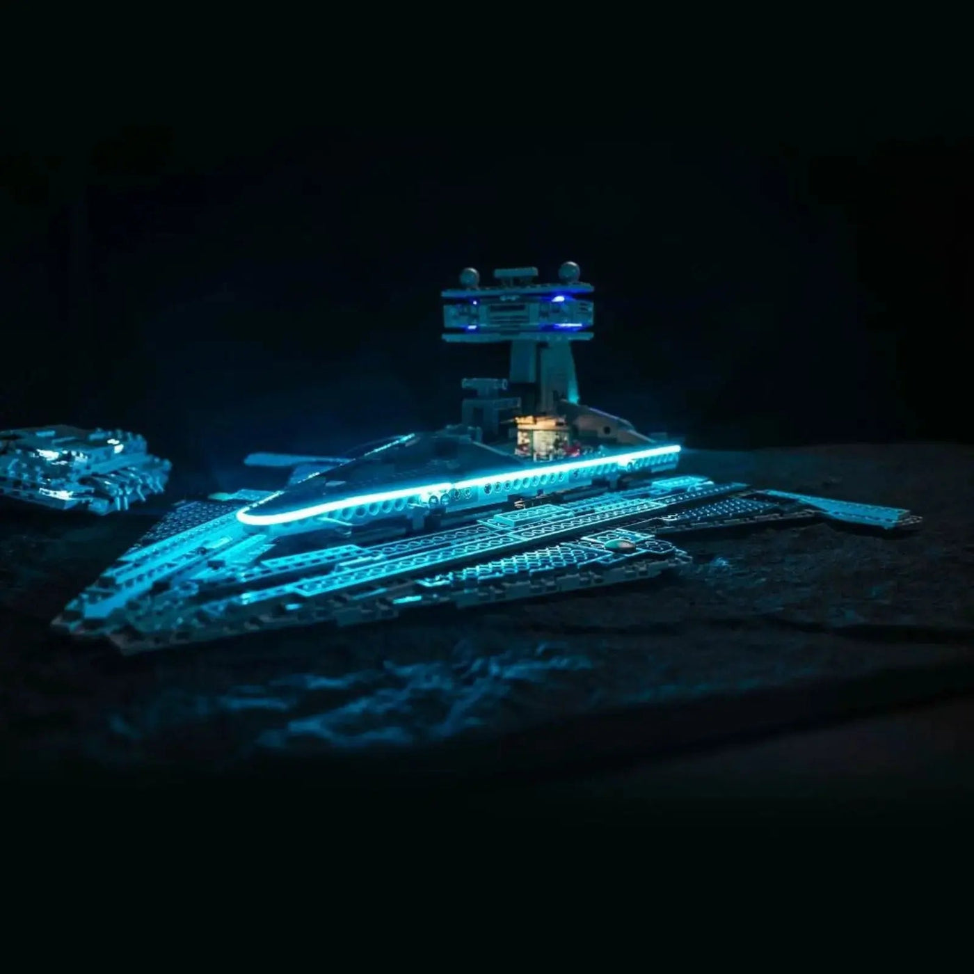 front view fully lit: Bright My Bricks LED light kit for LEGO® Star Wars Imperial Star Destroyer #75394