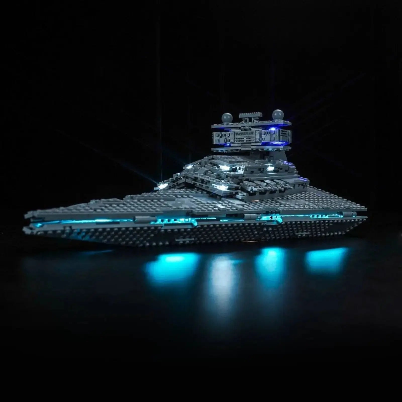 LEGO Star Wars Imperial Star Destroyer #75394 illuminated at night
