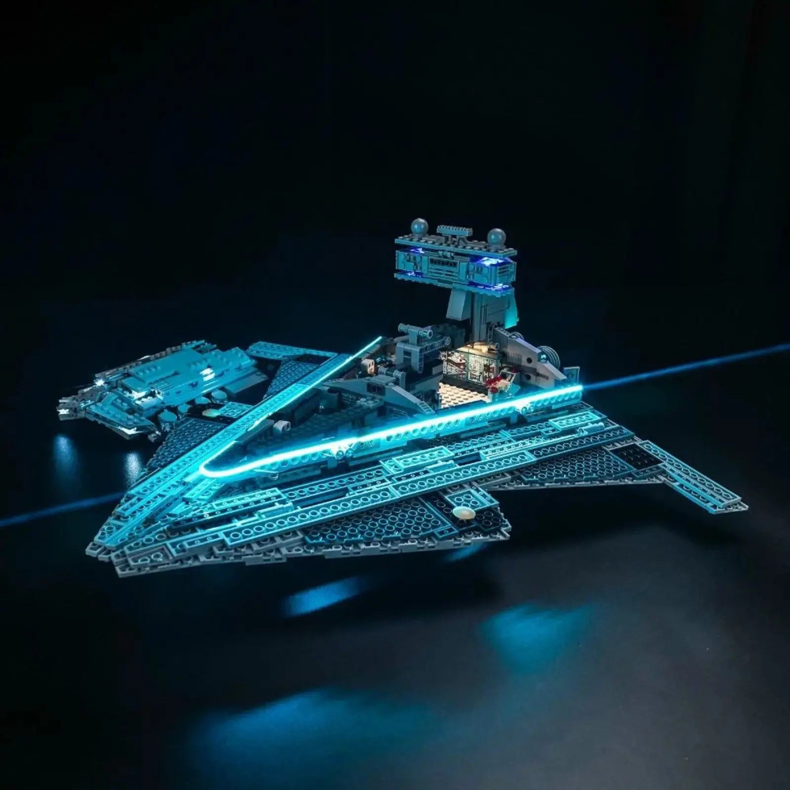 Close-up of LED lights on LEGO Star Wars Imperial Star Destroyer #75394