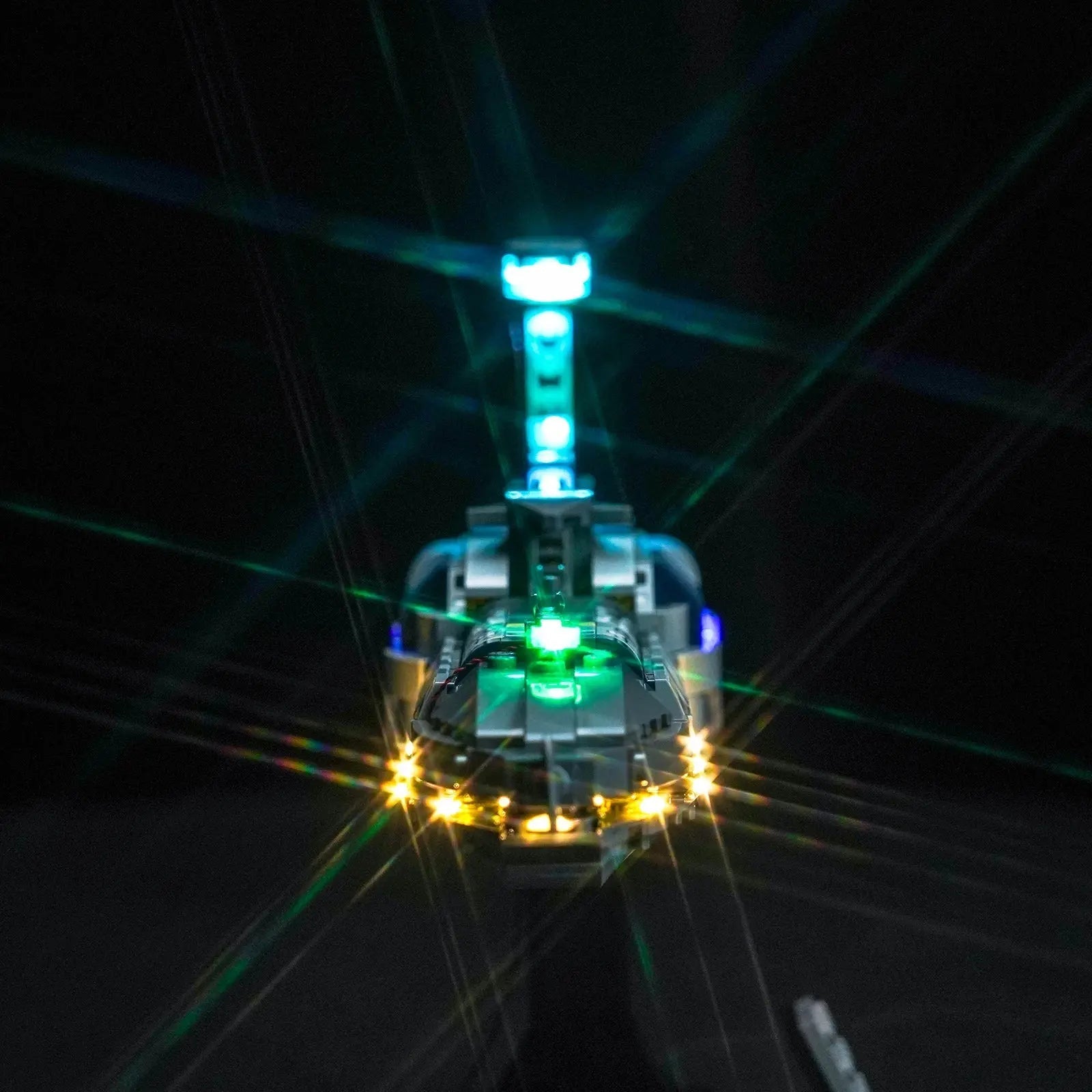 RGB LED light kit for LEGO® Star Wars Invisible Hand #75377, fully illuminated on display