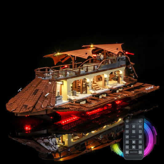 installed and glowing: Bright My Bricks LED light kit for LEGO® Star Wars Jabba's Sail Barge #75397