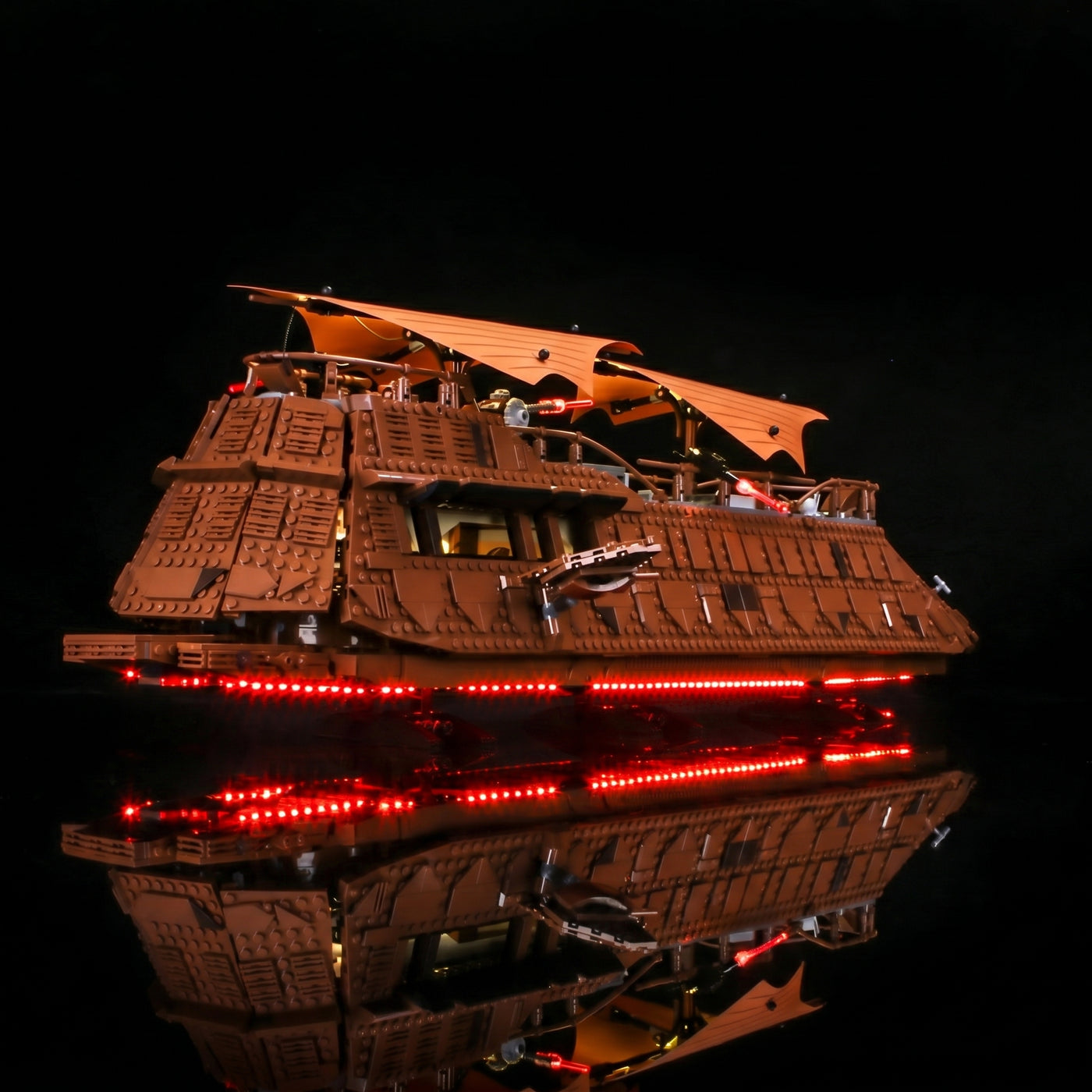 RGB LED light kit for LEGO® Star Wars Jabba's Sail Barge #75397, illuminated at night