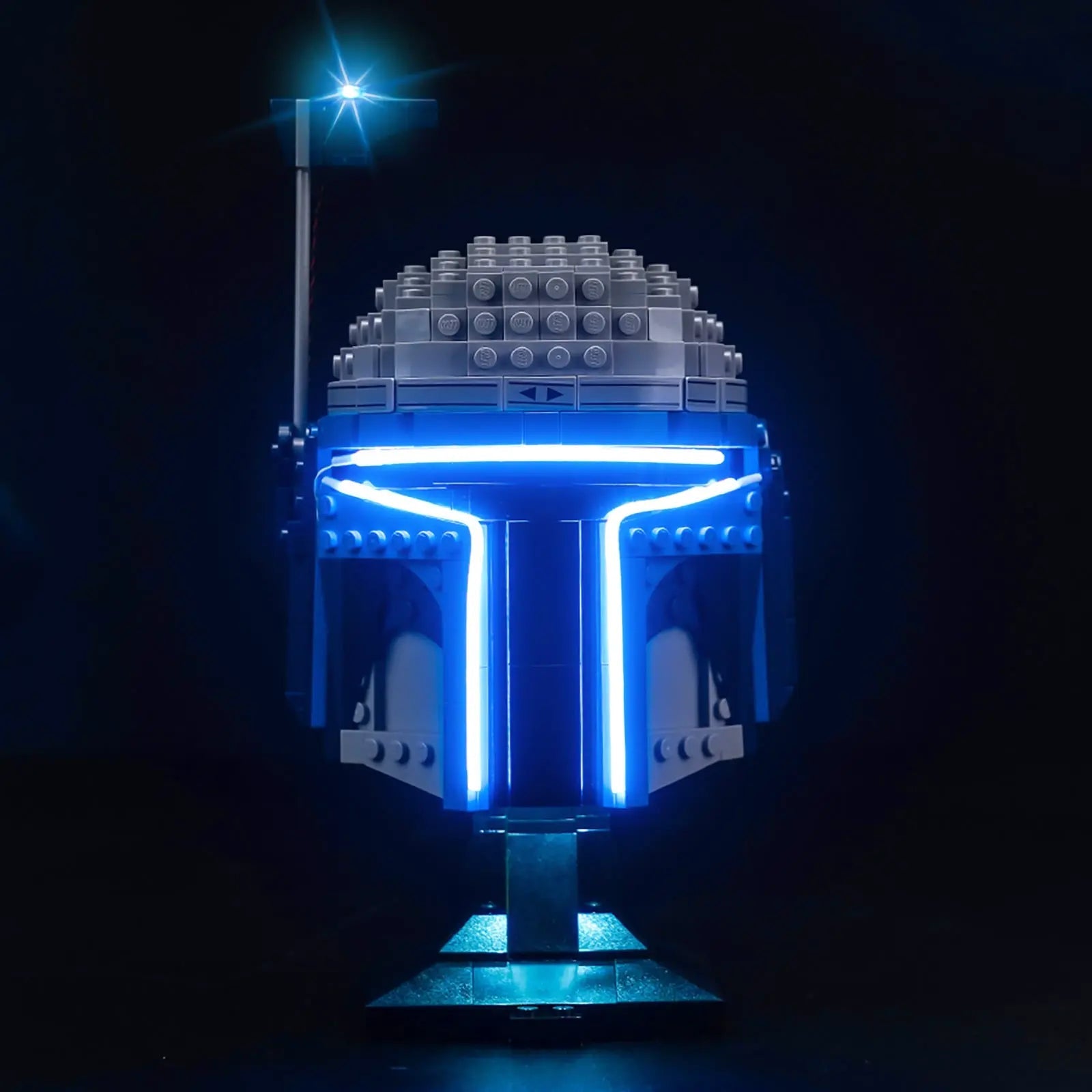 LEGO Star Wars Jango Fett Helmet #75408 illuminated at night