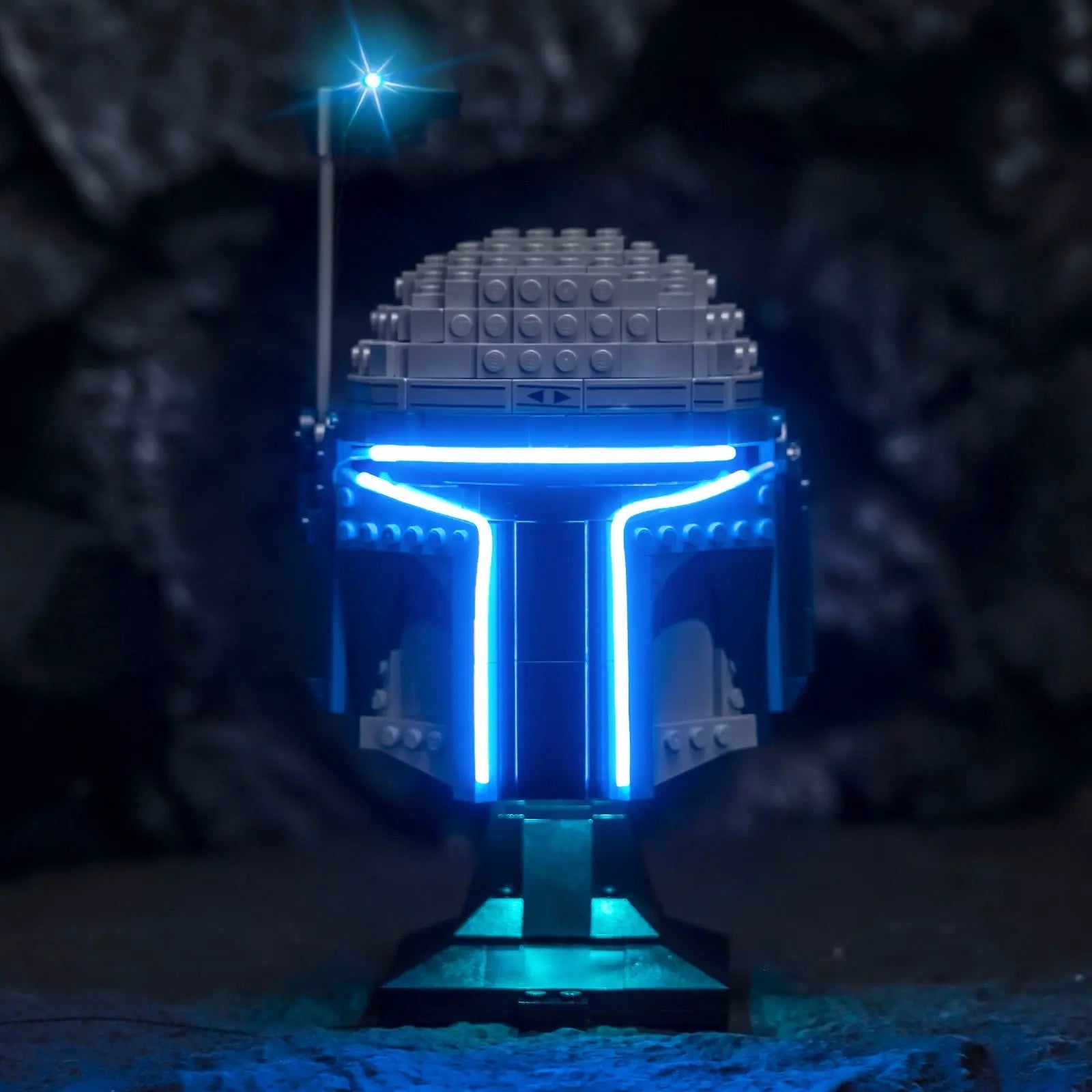 Close-up of LED lights on LEGO Star Wars Jango Fett Helmet #75408