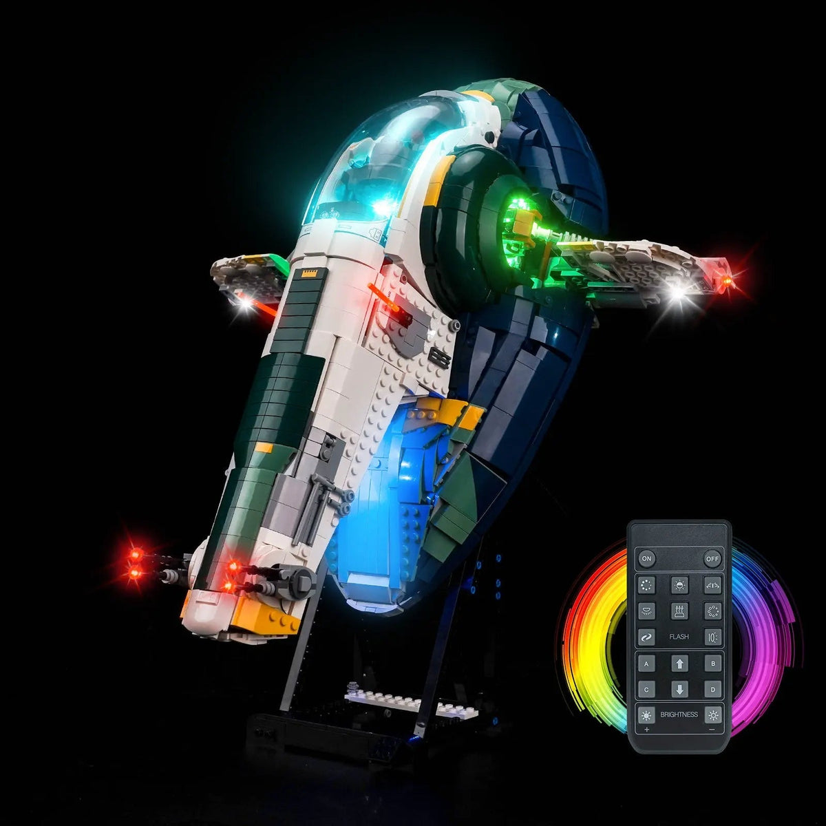 LEGO® Star Wars Jango Fett’s Firespray-Class Starship #75409 installed and glowing, with the LED lights