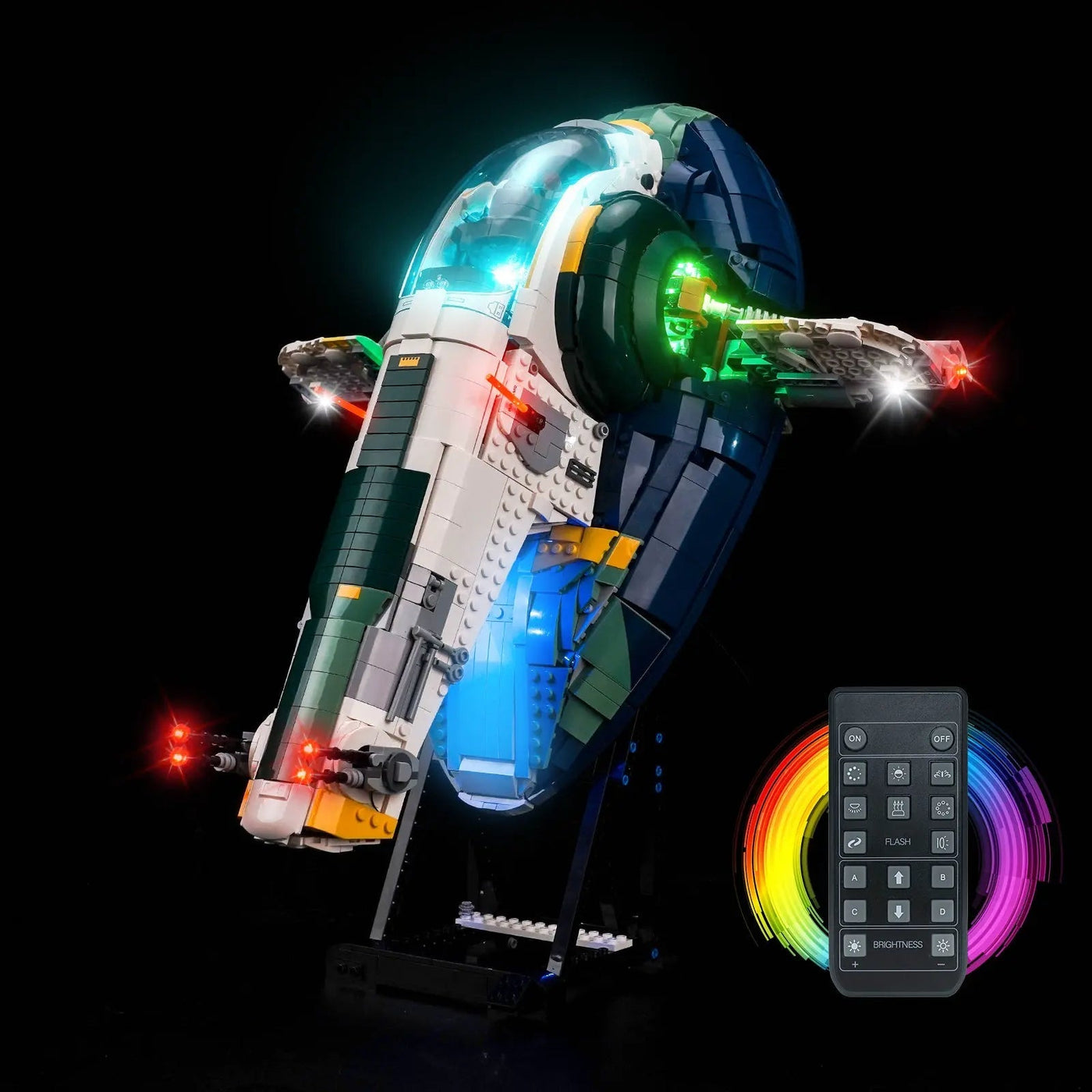 LEGO® Star Wars Jango Fett’s Firespray-Class Starship #75409 installed and glowing, with the LED lights