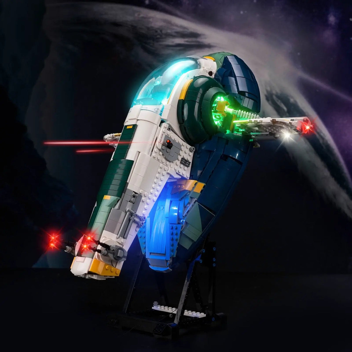 side angle with lights on: Bright My Bricks LED light kit for LEGO® Star Wars Jango Fett’s Firespray-Class Starship #75409