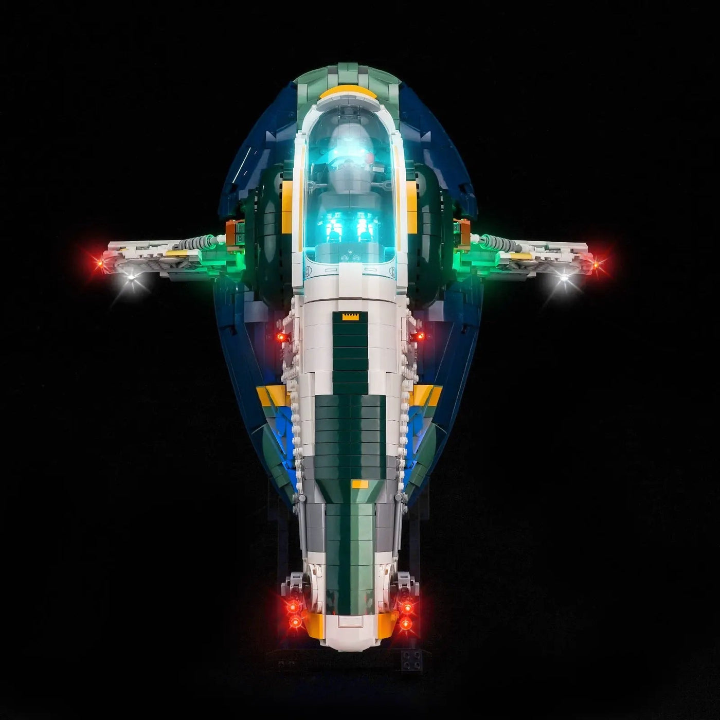 RGB LED light kit for LEGO® Star Wars Jango Fett’s Firespray-Class Starship #75409, display lighting in a dark room
