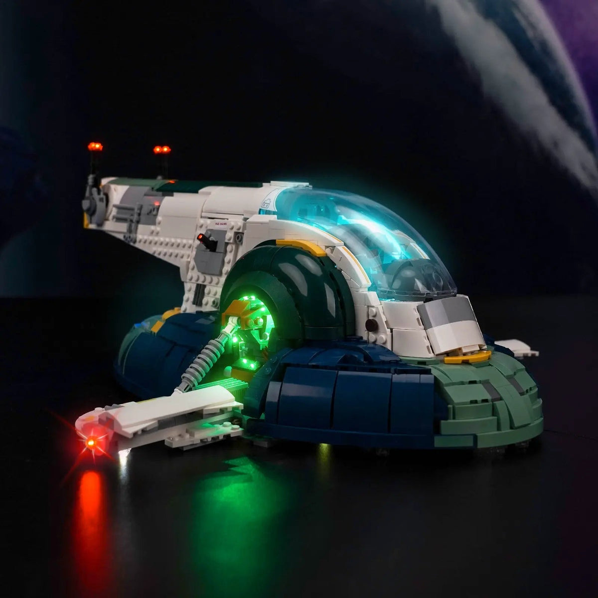LEGO® Star Wars Jango Fett’s Firespray-Class Starship #75409 night-mode display glow, with the LED lights