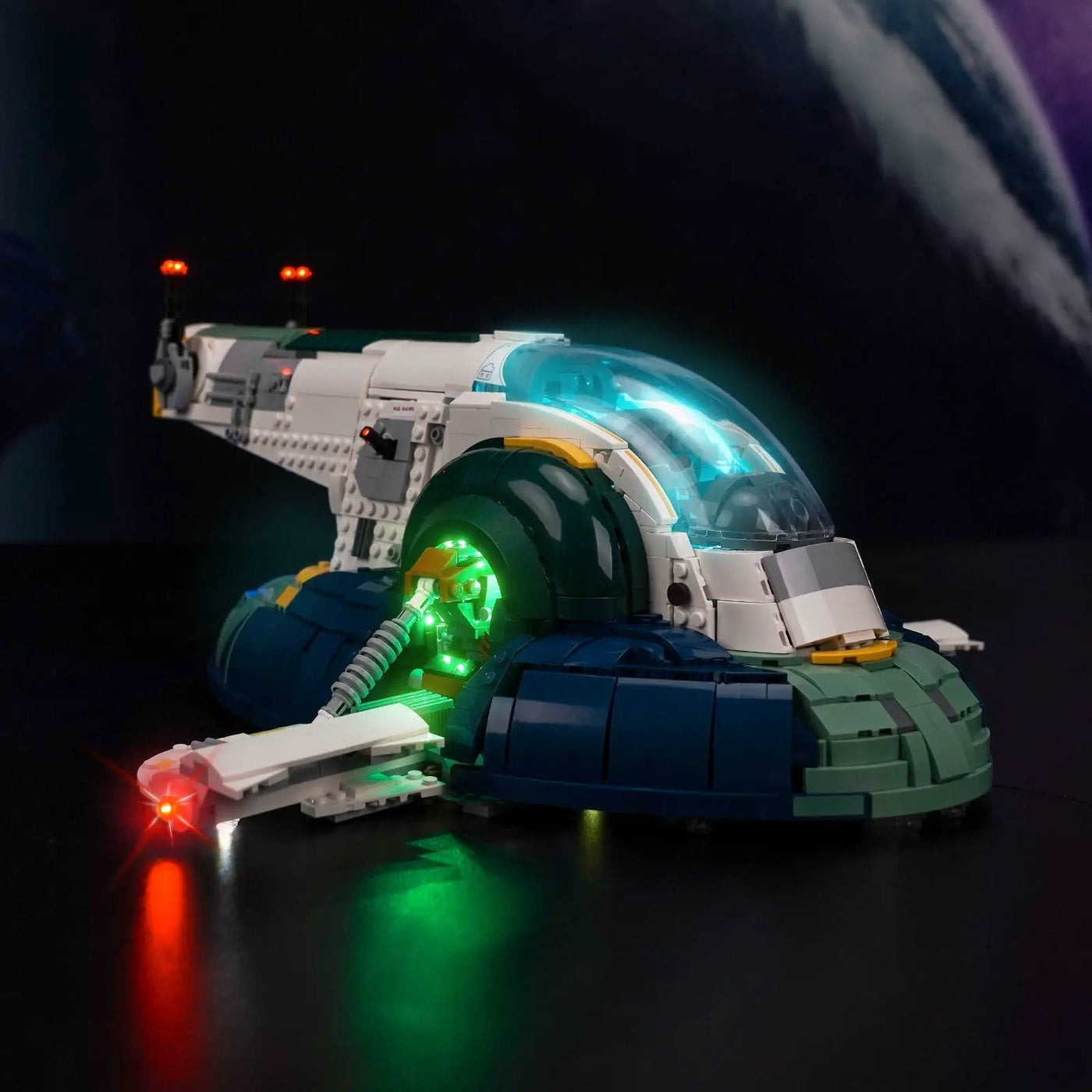 LEGO® Star Wars Jango Fett’s Firespray-Class Starship #75409 night-mode display glow, with the LED lights