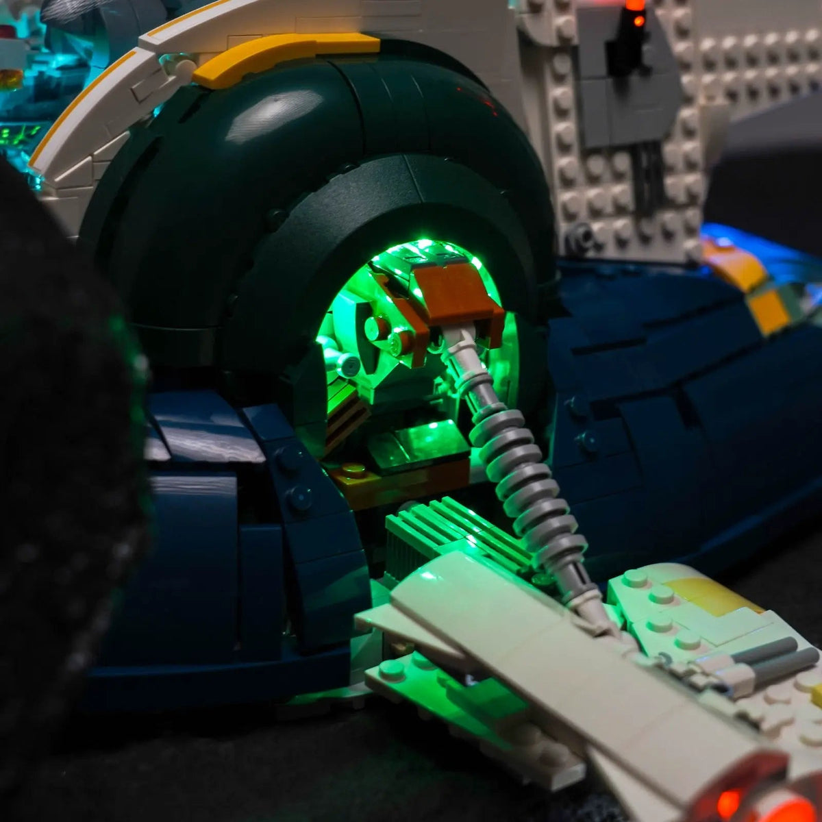 LEGO® Star Wars Jango Fett’s Firespray-Class Starship #75409 installed and glowing, with the LED light kit