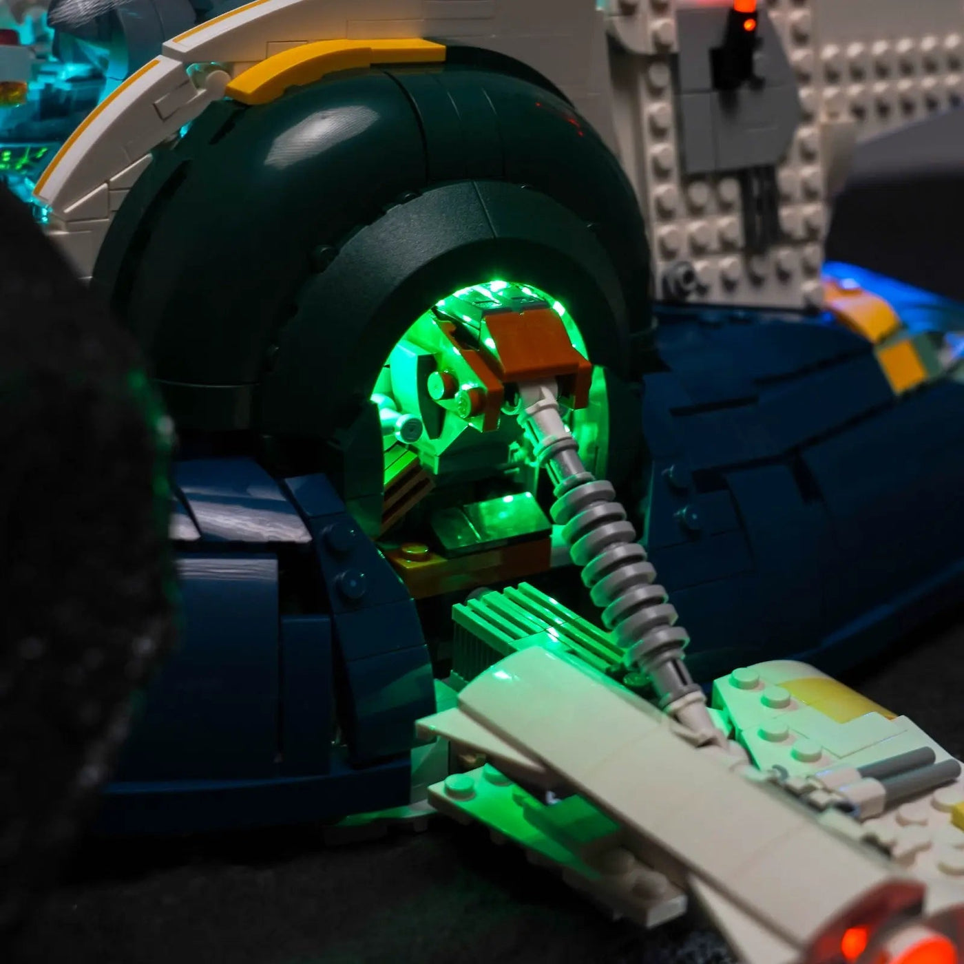 LEGO® Star Wars Jango Fett’s Firespray-Class Starship #75409 installed and glowing, with the LED light kit