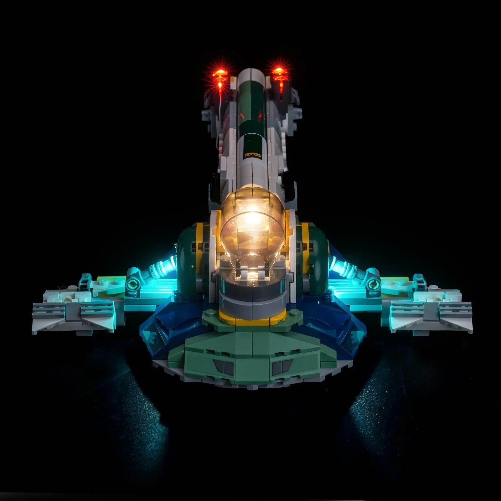 Close-up of LED lights on LEGO Star Wars Jango Fett's Starship #75433