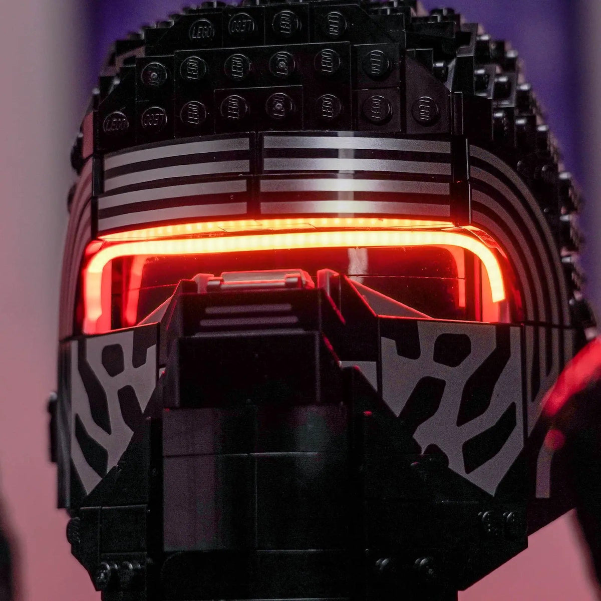 side angle with lights on: Bright My Bricks custom LED lighting for LEGO® Star Wars Kylo Ren Helmet #75415