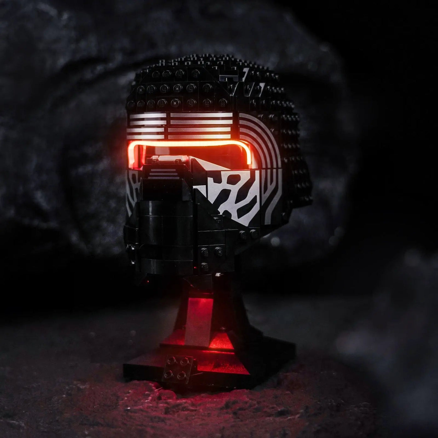 Bright My Bricks RGB LED light kit for LEGO® Star Wars Kylo Ren Helmet #75415 — display lighting in a dark room