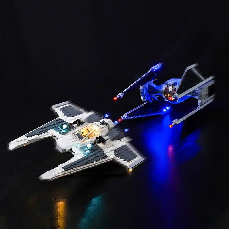 LEGO® Star Wars Mandalorian Fang Fighter vs. TIE Interceptor #75348 installed and glowing, with the custom LED lighting