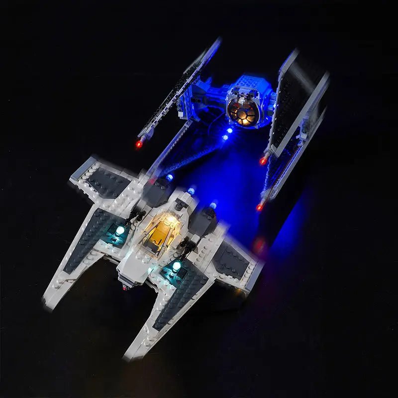 LED lights for LEGO® Star Wars Mandalorian Fang Fighter vs. TIE Interceptor #75348, showcase lighting view