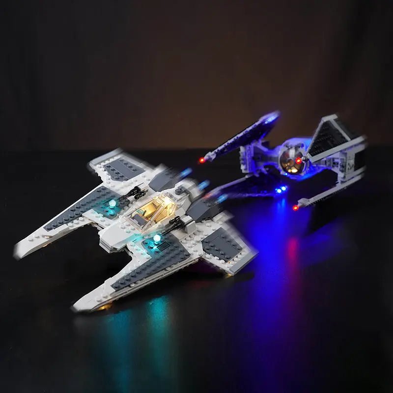 LEGO® Star Wars Mandalorian Fang Fighter vs. TIE Interceptor #75348 — installed and glowing (LED lights)