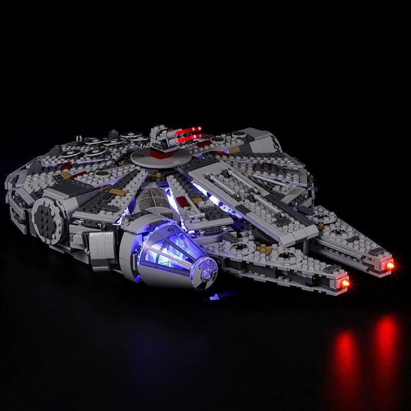 RGB LED light kit for LEGO® Star Wars Millennium Falcon #75105, fully illuminated on display