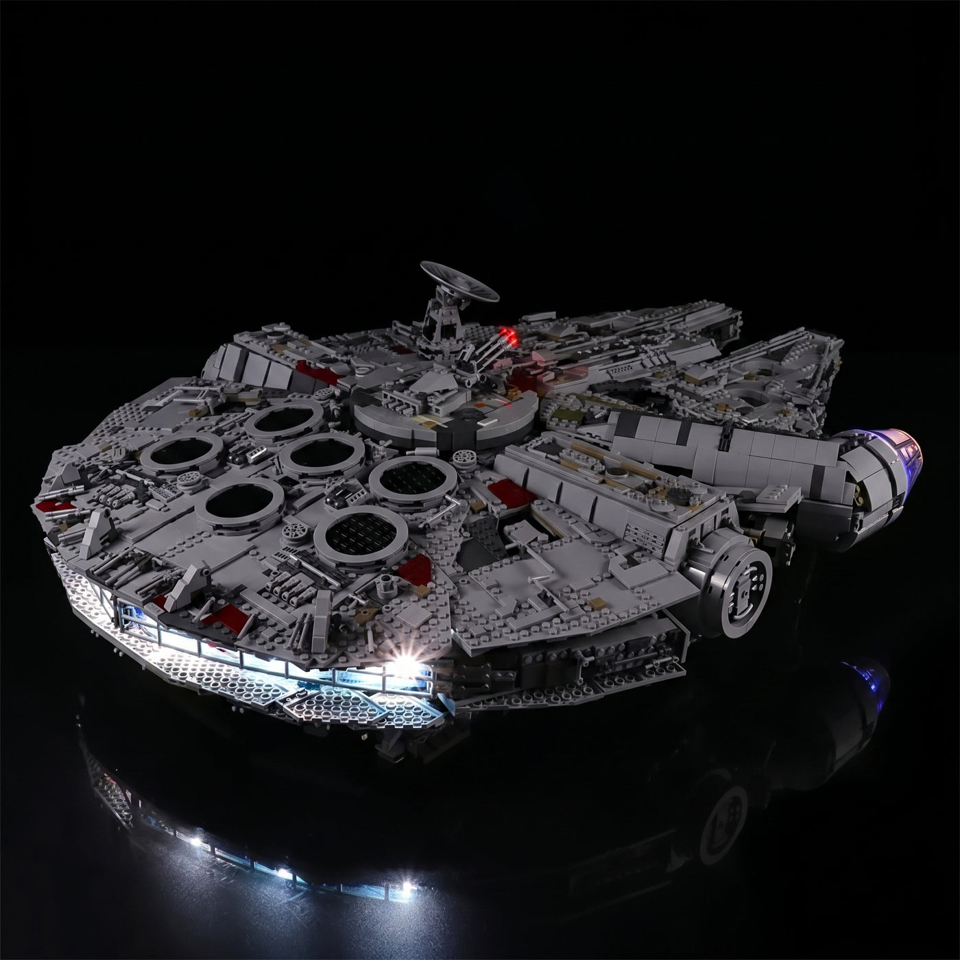 LEGO® Star Wars Millennium Falcon #75192 fully illuminated on display, with the RGB LED light kit
