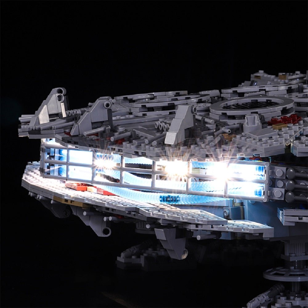 LEGO® Star Wars Millennium Falcon #75192 — side angle with lights on (RGB LED light kit)