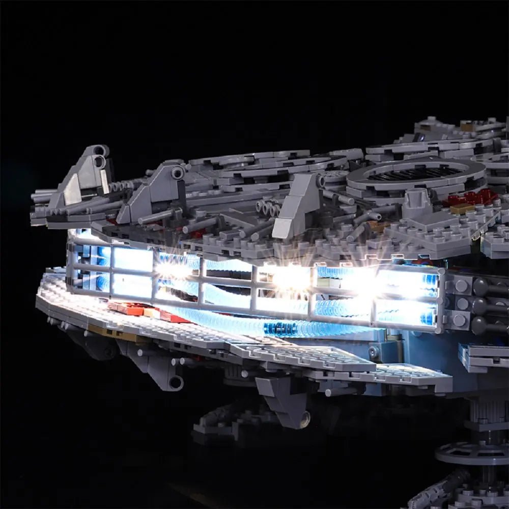 side angle with lights on: Bright My Bricks LED light kit for LEGO® Star Wars Millennium Falcon #75192