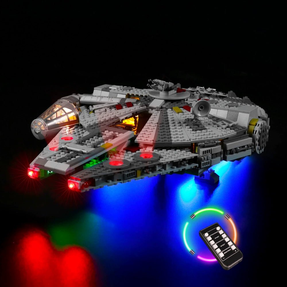 LEGO Star Wars Millennium Falcon #75257 illuminated at night
