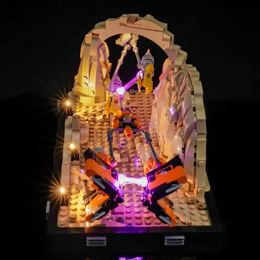 LEGO® Star Wars Mos Espa Podrace Diorama #75380 fully illuminated on display, with the RGB LED light kit