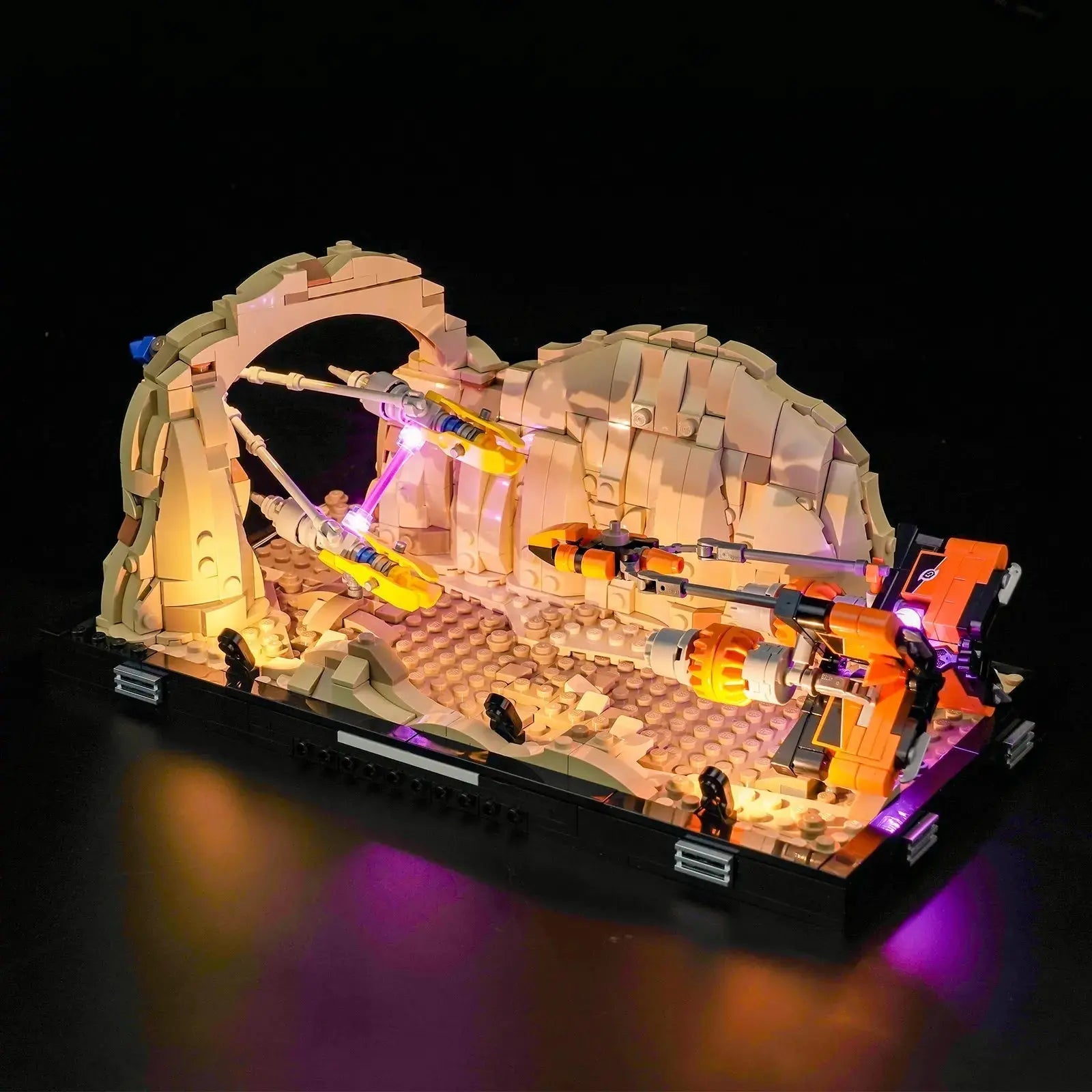 LEGO Star Wars Mos Espa Podrace Diorama #75380 illuminated at night