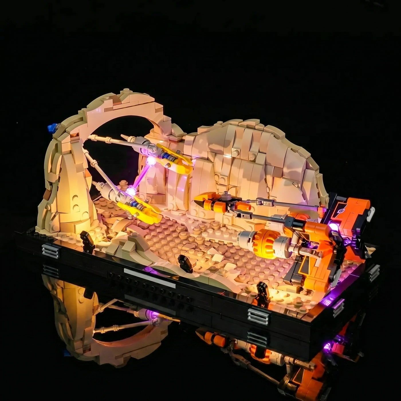 LEGO® Star Wars Mos Espa Podrace Diorama #75380 front view fully lit, with the RGB LED light kit