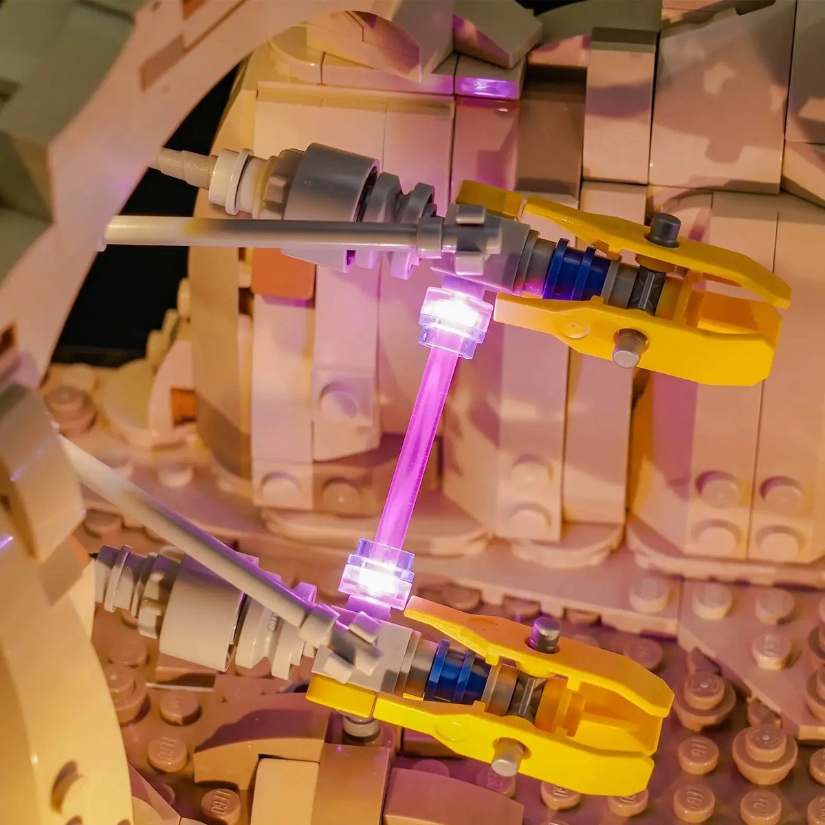 LEGO® Star Wars Mos Espa Podrace Diorama #75380 lighting effect on the build, with the USB-powered LED light kit
