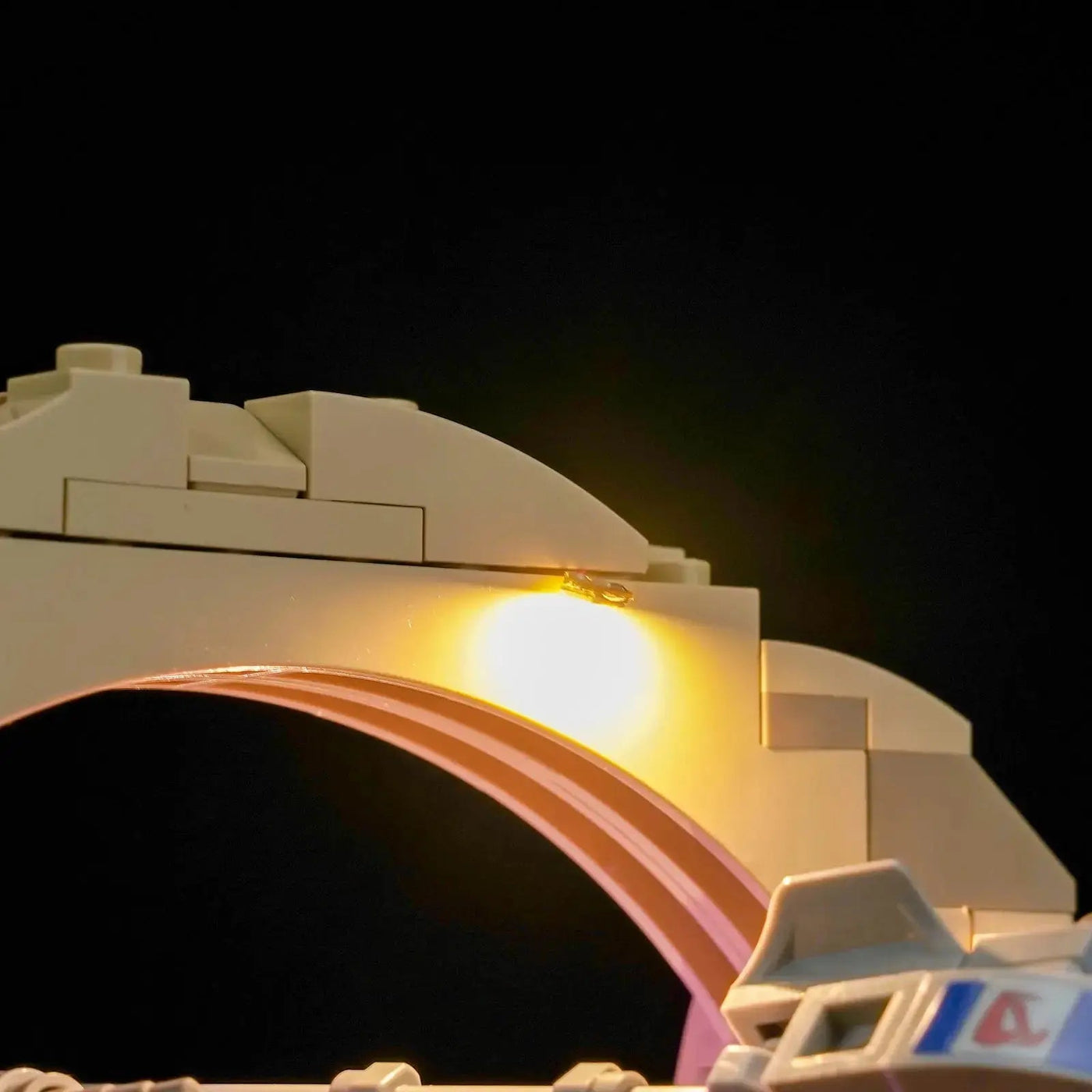 display light kit for LEGO® Star Wars Mos Espa Podrace Diorama #75380, side angle with lights on