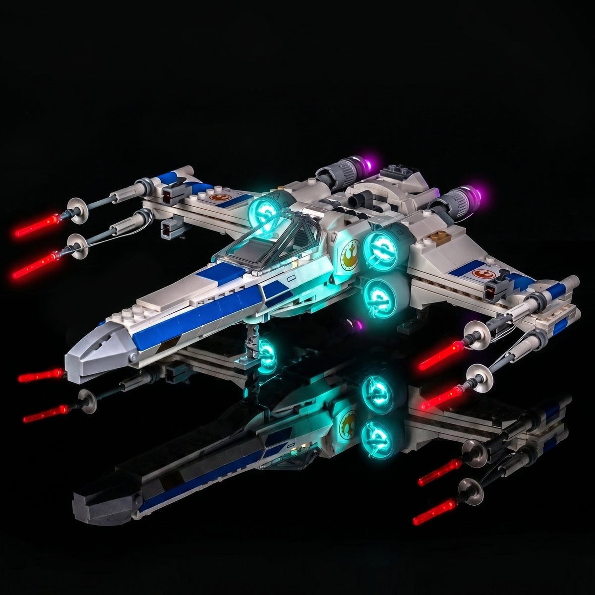 LEGO® Star Wars New Republic X-Wing Starfighter #75460 illuminated at night, with the light kit