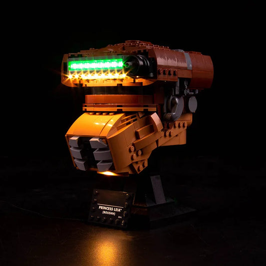 installed and glowing: Bright My Bricks LED lights for LEGO® Star Wars Princess Leia (Boushh) Helmet #75351